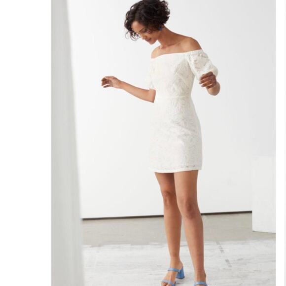 & Other Stories White Mini Dress Off Shoulder Jacquard Puff Sleeves Bardot SZ 4 - Picture 2 of 8